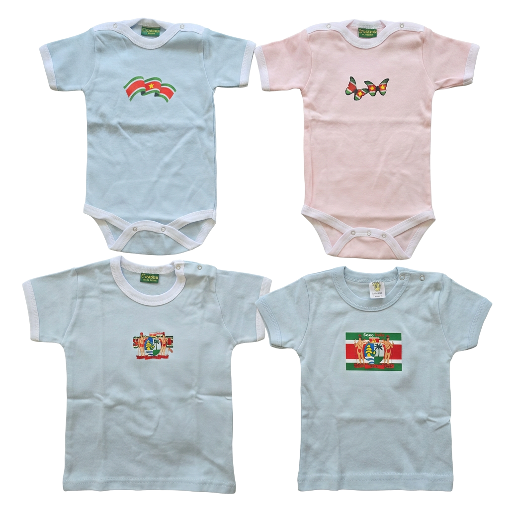 Vier babyrompers en babyshirts met Surinaamse opdrukken